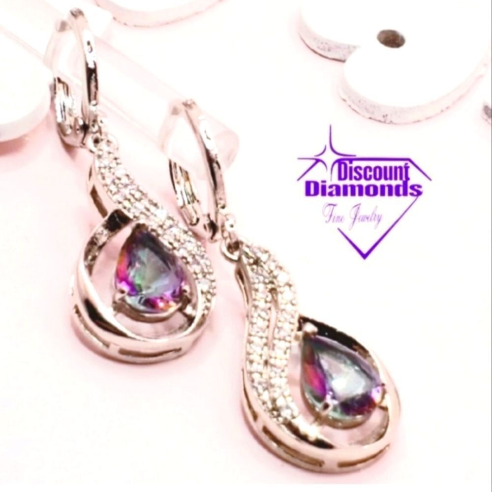 Rainbow Mystic & Clear White Topaz Drop Earrings  on 925 Sterling Silver